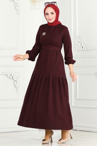 moda selvim Dress 22001UKB139 Burgundy - Thumbnail