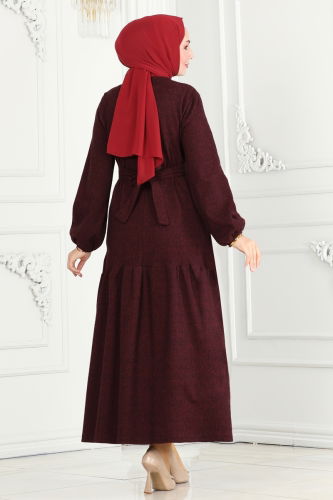 moda selvim Dress 22001UKB139 Burgundy - Thumbnail