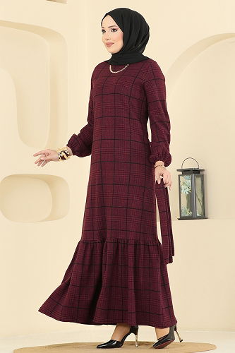 moda selvim Dress 22009UKB139 Burgundy - Thumbnail