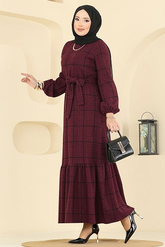 moda selvim Dress 22009UKB139 Burgundy - Thumbnail