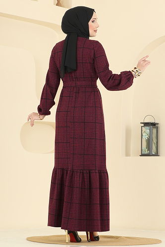 moda selvim Dress 22009UKB139 Burgundy - Thumbnail