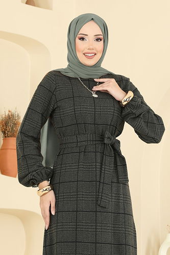 moda selvim الفستان أخضر عفني غامق 22009UKB139 - Thumbnail