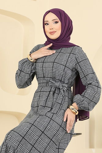 moda selvim الفستان رمادي 22009UKB139 - Thumbnail