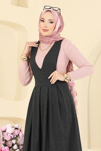 moda selvim فستان بلا اكمام رمادي غامق 22021UKBK1160 - Thumbnail