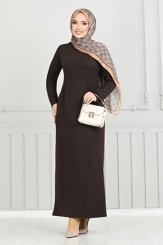 moda selvim الفستان بني 22032UKB929-M - Thumbnail