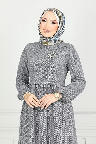 moda selvim الفستان رمادي 22034UKB139 - Thumbnail