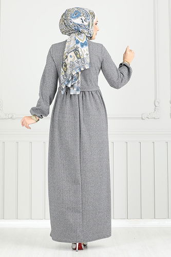 moda selvim الفستان رمادي 22034UKB139 - Thumbnail