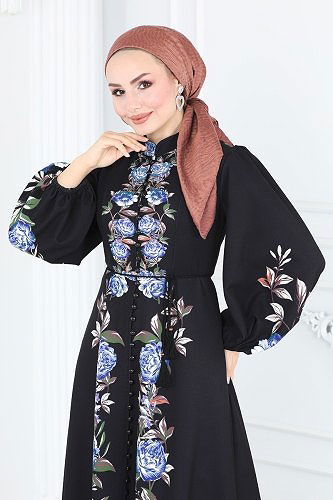 moda selvim 22131JNF844 اسود وازرق فستان - Thumbnail