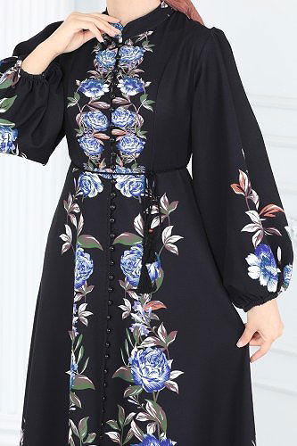 moda selvim 22131JNF844 اسود وازرق فستان - Thumbnail