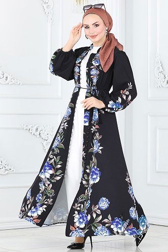 moda selvim 22131JNF844 اسود وازرق فستان - Thumbnail