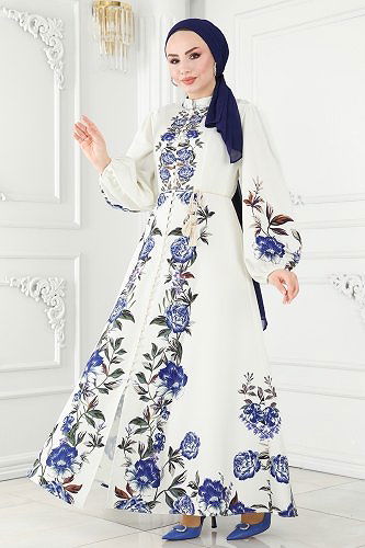 moda selvim Dress 22131JNF844 Ecru&Saxe - Thumbnail