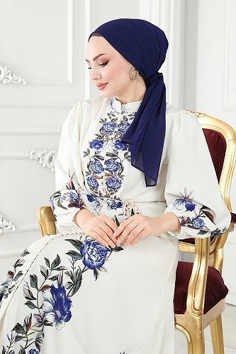 moda selvim Dress 22131JNF844 Ecru&Saxe - Thumbnail