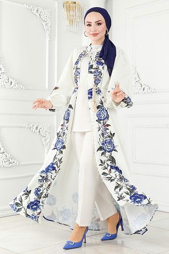 moda selvim Dress 22131JNF844 Ecru&Saxe - Thumbnail