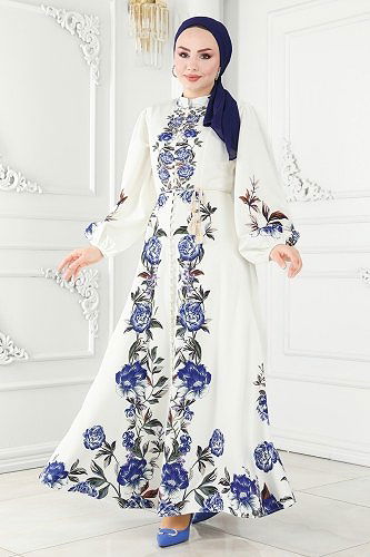 moda selvim 22131JNF844 السكري&ازرق فستان - Thumbnail