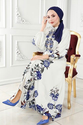 moda selvim 22131JNF844 السكري&ازرق فستان - Thumbnail