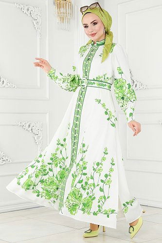 moda selvim Dress 22133JNF844 Green&Ecru - Thumbnail