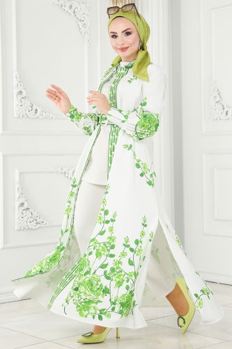 moda selvim Dress 22133JNF844 Green&Ecru - Thumbnail