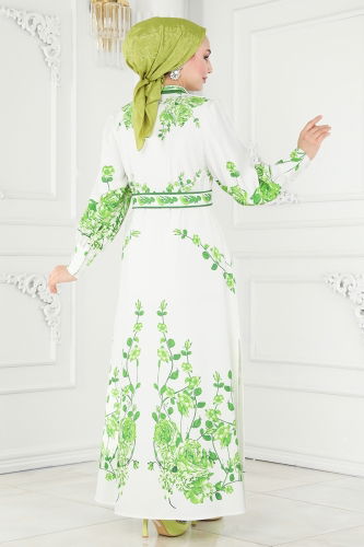 moda selvim Dress 22133JNF844 Green&Ecru - Thumbnail