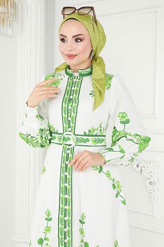 moda selvim 22133JNF844 أخضر & سكري فستان - Thumbnail