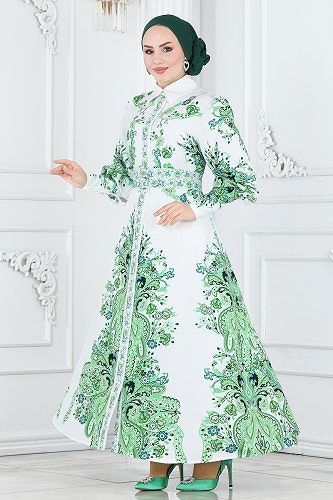moda selvim Dress 22143JNF844 Green&Ekru - Thumbnail