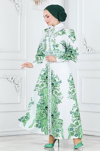 moda selvim Dress 22143JNF844 Green&Ekru - Thumbnail