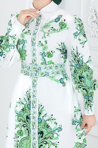 moda selvim Dress 22143JNF844 Green&Ekru - Thumbnail