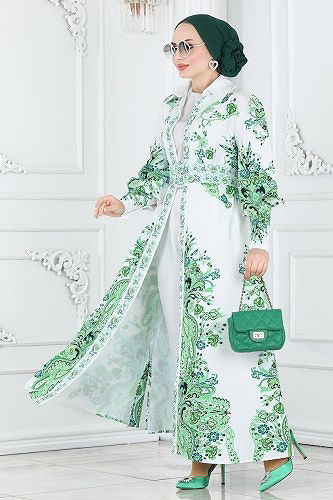 moda selvim Dress 22143JNF844 Green&Ekru - Thumbnail