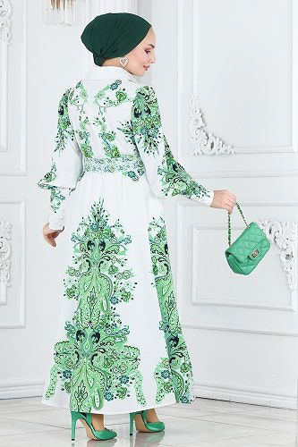 moda selvim Dress 22143JNF844 Green&Ekru - Thumbnail