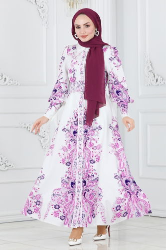 moda selvim Dress 22143JNF844 Lilac&Ecru - Thumbnail