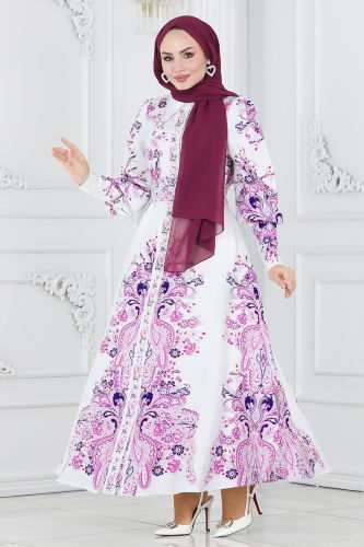 moda selvim Dress 22143JNF844 Lilac&Ecru - Thumbnail