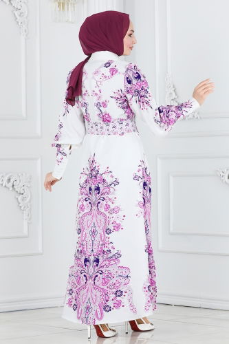 moda selvim Dress 22143JNF844 Lilac&Ecru - Thumbnail