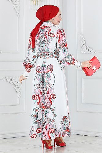 moda selvim Dress 22143JNF844 Pomegranate Blossom & Ecru - Thumbnail