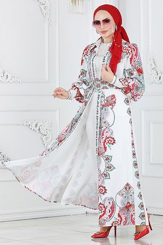 moda selvim Dress 22143JNF844 Pomegranate Blossom & Ecru - Thumbnail