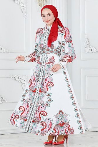 moda selvim الفستان أحمر رماني وسكري 22143JNF844 - Thumbnail