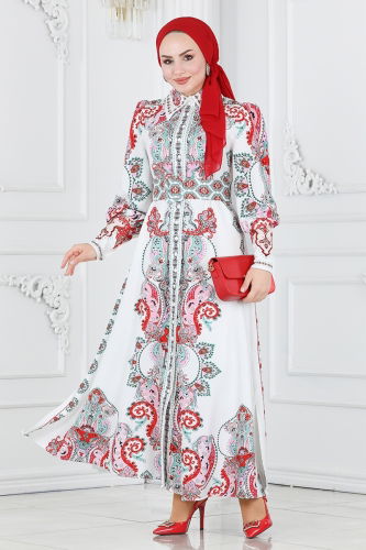 moda selvim Dress 22143JNF844 Pomegranate Flower&Ecru - Thumbnail