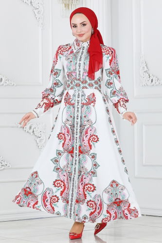 moda selvim Dress 22143JNF844 Pomegranate Flower&Ecru - Thumbnail