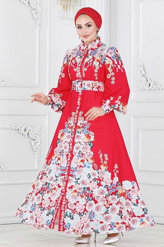 moda selvim 22144JNF844 الأحمر فستان - Thumbnail