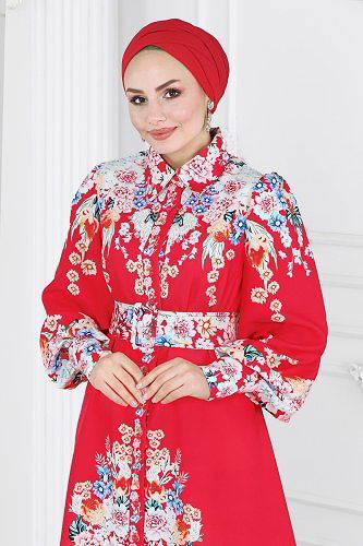 moda selvim 22144JNF844 الأحمر فستان - Thumbnail