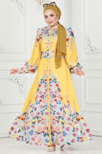 moda selvim Dress 22144JNF844 Yellow - Thumbnail