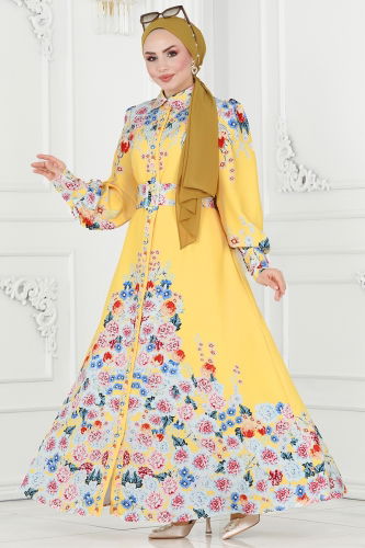 moda selvim Dress 22144JNF844 Yellow - Thumbnail