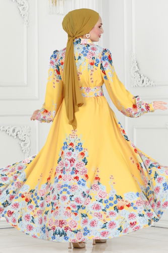 moda selvim Dress 22144JNF844 Yellow - Thumbnail