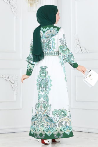 moda selvim Dress 22345JNF844 Green&Ecru - Thumbnail