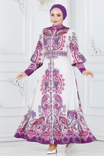 moda selvim Dress 22345JNF844 Lilac&Ecru - Thumbnail