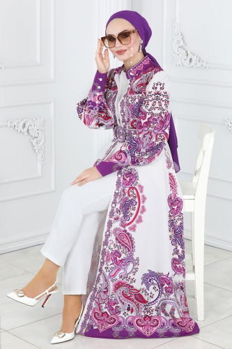 moda selvim Dress 22345JNF844 Lilac&Ecru - Thumbnail