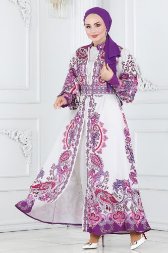 moda selvim Dress 22345JNF844 Lilac&Ecru - Thumbnail