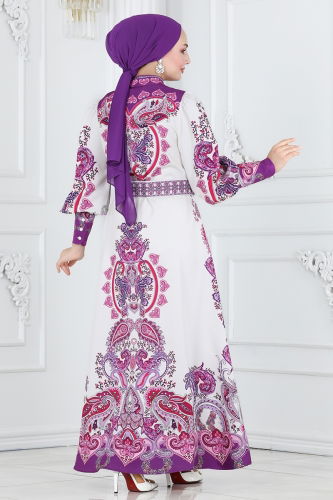 moda selvim Dress 22345JNF844 Lilac&Ecru - Thumbnail