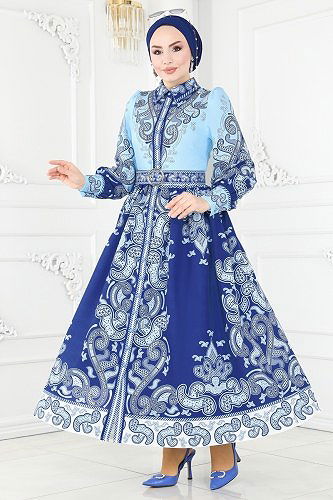 moda selvim 22359JNF844 أزرق & نيلي فستان - Thumbnail