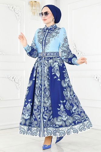 moda selvim 22359JNF844 أزرق & نيلي فستان - Thumbnail