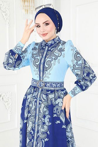 moda selvim 22359JNF844 أزرق & نيلي فستان - Thumbnail