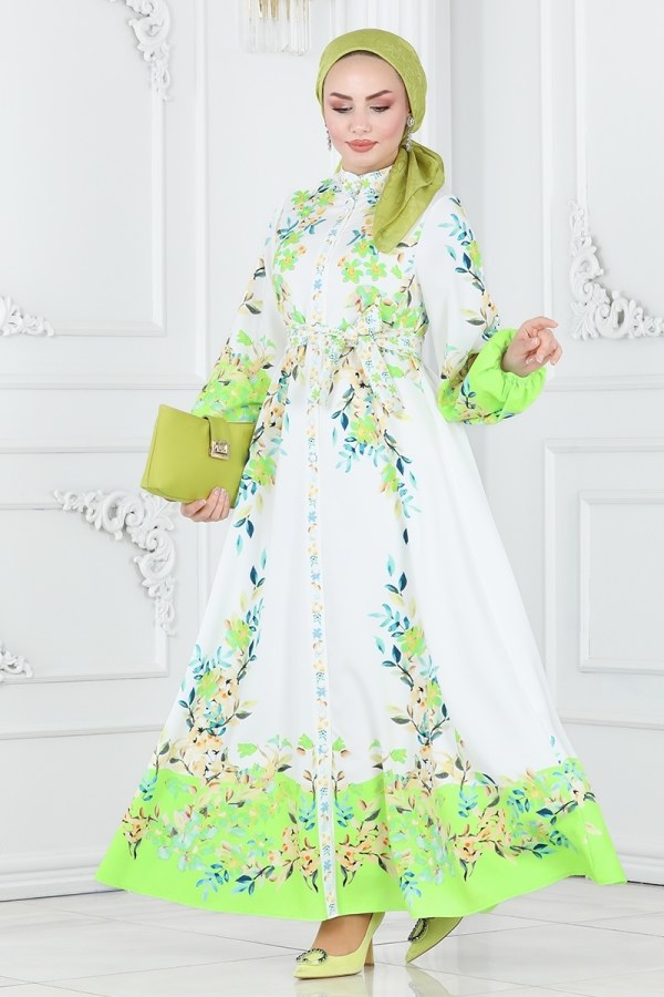 Modaselvim 20% + 70% OFF Dress 22375JNF844 Green&Ecru
